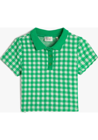 Koton Polo Tişört Crop Kısa Kollu Düğme Detaylı Dar Kalıp Yeşil Ekose 3skg10134ak 3SKG10134AK7C9 Yeşil