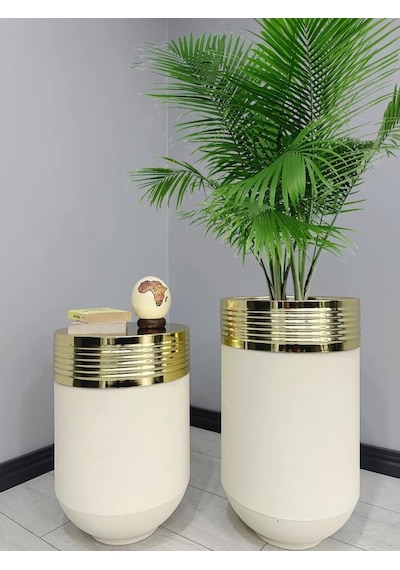 Elegant Dekoratif Gold Darbuka Krem Saksı 70cm + Sehpa 60cm İkili Set