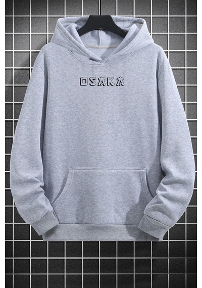 Uyguntarz Unisex Osaka Baskılı Kapüşonlu Sweatshirt Gri