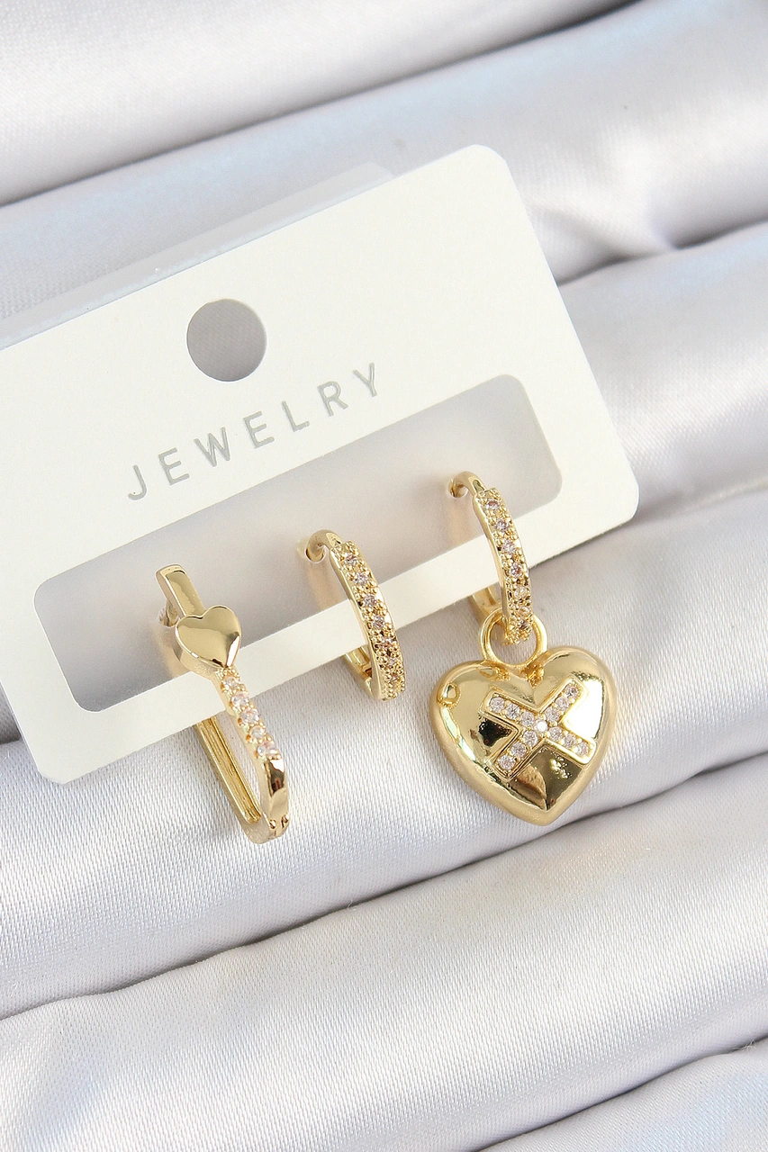 Pirinç Zirkon Taşlı Model Gold Renk 3'lü Çift Kadın Küpe Set Çok Renkli