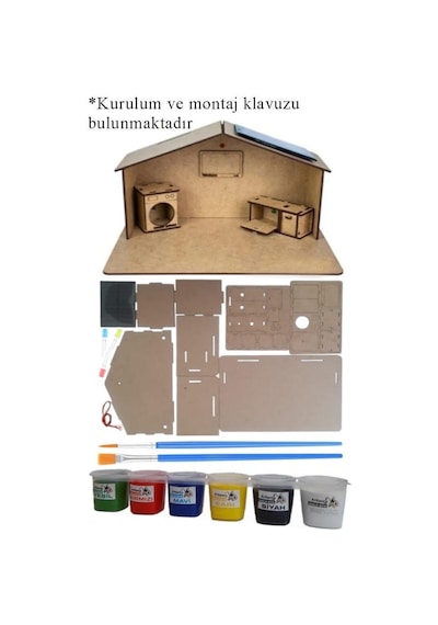 Boyanabilir Güneş Enerjili Ev Yapım Seti 1 Paket Güneş Paneli Mantar Led Lamba Mdf Ev Maketi Akrilikboya Resim Fırçası Deney Proje
