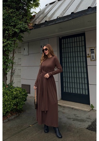 Laluvia Kahverengi Bağlamalı Elbise - 4988 Kahverengi