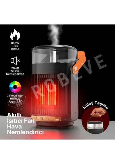 Robeve Taşınabilir Isıtıcı & Hava Nemlendirici Buhar Makinesi 7 Renk Led Işıklı, Uzaktan Kumandalı, Zaman Ayarlı, Devrilme Korumalı Mini Isıtıcı 800w