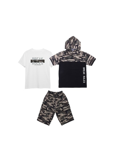 Fyk Kids Erkek Çocuk 3'lü Kamuflaj Desenli Kapri-baskılı Tişört- Kamuflaj Desenli Sweatshirt Alt Üst Takım Gri Melanj