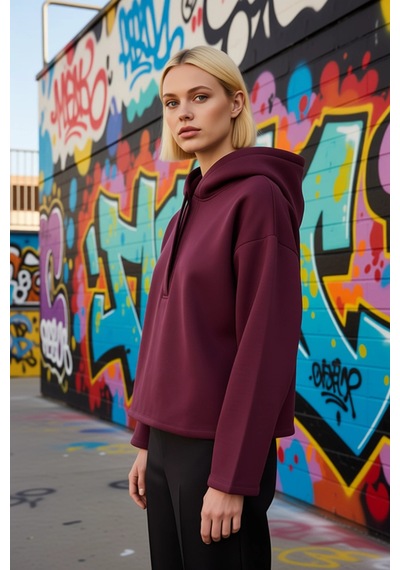 Benerly Kadın Kapüşonlu Düşük Kol Oversize Örme Sweatshirt Fonksiyonel Da Mürdüm
