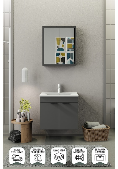 Biani Fix Loft 65 Cm Banyo Dolabı,Seramik Lavabolu, Aynalı,Lavabo Dahil,Mdf,Mat Gri Biani Fix Loft 65 Cm Banyo Dolabı,Seramik Lavabolu, Aynalı,Lavabo Dahil,Mdf,Mat Gri