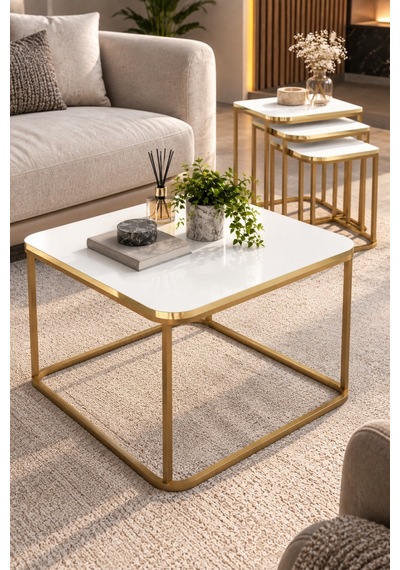 Sulorahome Damla Sehpa Seti Beyaz Ve Gold Metal Ayaklı Tablalar Beyaz Mermer / Ayaklar Gold