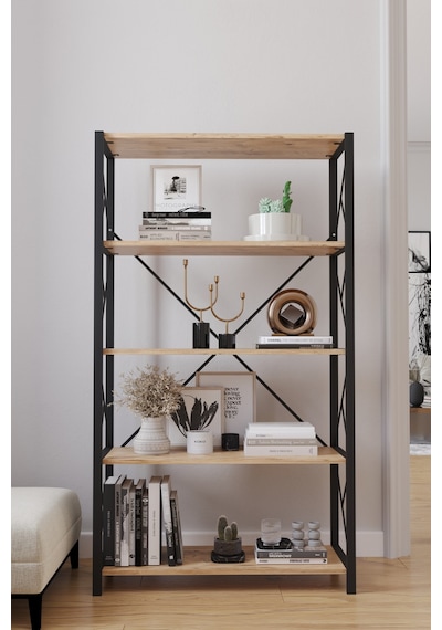5 Raflı Geniş Kitaplık Dekoratif Metal Ayaklı Ofis Rafı 160x90