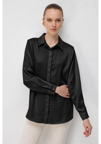 Mizalle Basic Siyah Saten Gömlek