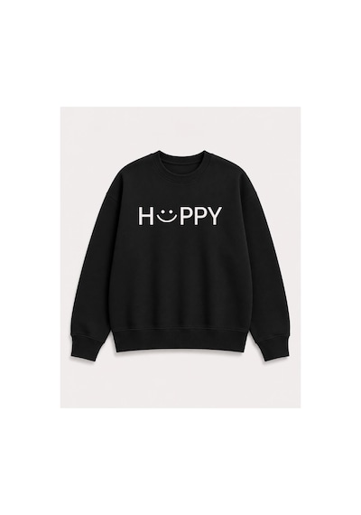 Herkesemoda Hüppy Baskı Detaylı Şardonlu 2 İplik Bisiklet Yaka Sweatshirt Siyah