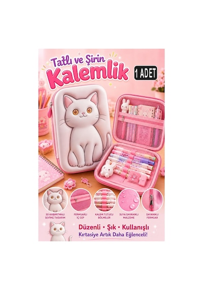 Pembe Kabartmalı Bölmeli Kalemlik 1 Adet P-5984 Kız Çocuk Okul Kalem Kutusu 3 Boyutlu Fermuarlı Hediyelik Siyah
