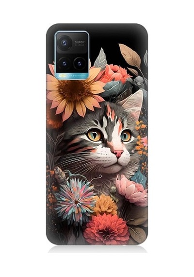Vivo Y53s Uyumlu Çiçekler Ve Kül Gri Kedi Desenli Silikon Kılıf