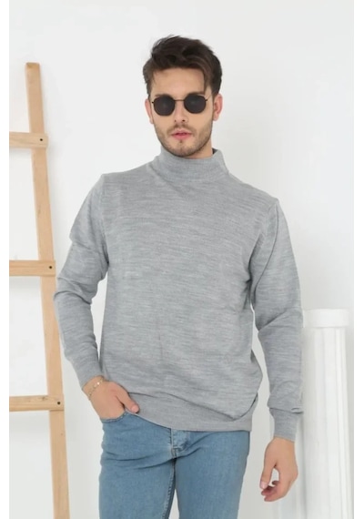 Defymoda Erkek Yarım Boğaz Triko Kazak Yumuşak Dokulu Pamuklu Ince Dokuma, Uzun Kollu Rahat Regular Kalıp - G Gri