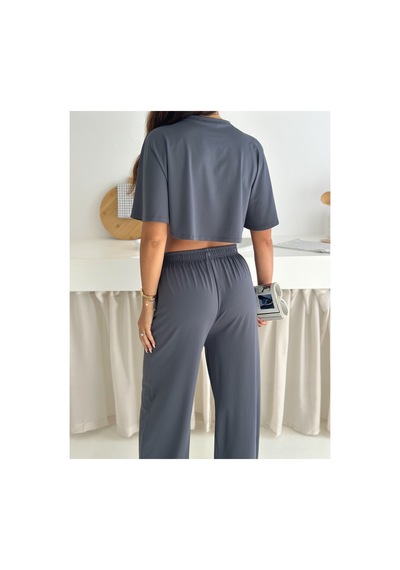 Gugus Yazlık Takım - Alt Üst Kadın Dokulu Kumaş -baggy Pantolon + Salaş Üst Koyu Gri