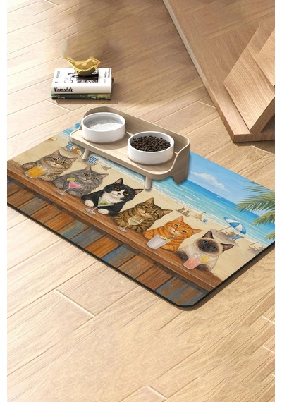 Matgo Pati Kedi Köpek Beslenme Matı 50x70cm Su Geçirmez Mama Kabı Altlığı Paspası Pati Beach Club
