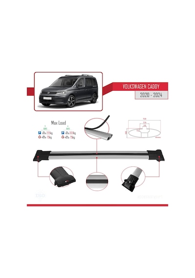 Volkswagen Caddy 2020 Ve Sonrası İle Uyumlu Fly Model Ara Atkı Tavan Barı Gri 4 Adet Bar