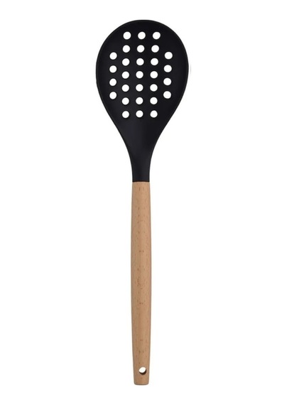 Bambu Saplı Silikon Kevgir 32 Cm Siyah Isıya Dayanıklı Delikli Servis Kevgiri Silikon Diğer