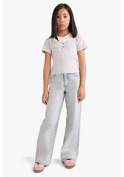 DeFacto Kız Çocuk Cropped Fit Bisiklet Yaka Ribana Kısa Kollu Tişört E1830A825SMGR421 Gri