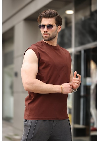 Madmext Acı Kahve Kolsuz %100 Pamuklu Basic Erkek T-shirt E7137 Acı Kahverengi