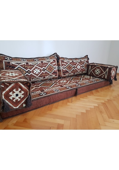 Şark Köşesi Minderi Anadolu Desenli İkili Sedir Takımı Kahverengi 5 Parça