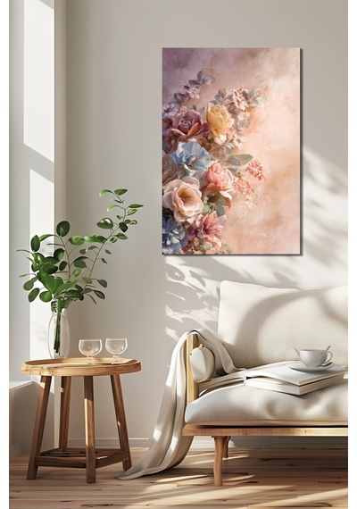 Çiçek Buketi Baskılı Cam Tablo Pastel Tonlu Floral Duvar Dekoru