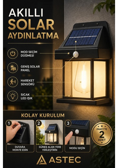 Astec Solar Hareket Sensörlü Duvar Lambası 20w Ip65 Güneş Enerjili Bahçe Apliği Gün Işığı 2 Adet