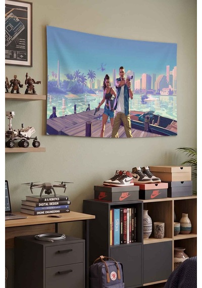 Gta 6 Miami Sahil Silahlı Karakterler Dekoratif Duvar Örtüsü Duvar Halısı Beyaz