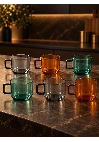 Qerhome Borosilikat Cam Vetra 6 Lı Renkli Cam Kupa Seti 250 Ml Çok Renkli