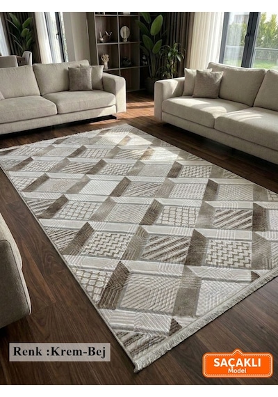 Krem Bej Saçaklı Modern Yıkanabilir Kabartmalı Kaymaz Taban Kesme Halı Yolluk Yeşil