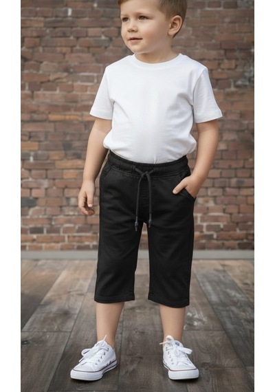 Black Steel Gabardin Pamuklu Kumaş Bel Lastikli Çocuk Kapri Siyah
