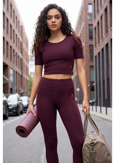 Tommylife Bordo Yüksek Bel Kapri-crop T-shirt Slim Fit Kadın Tayt Takım - 95285