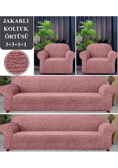 Upmall Jakarlı Koltuk Kanepe Kılıfı Çekyat Örtüsü 3+3+1+1 Pembe