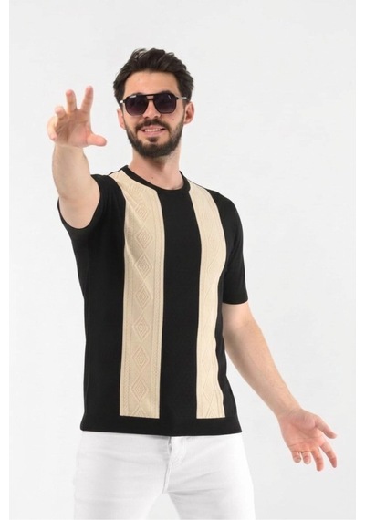 Jakarlı Pamuklu Desenli Triko Tshirt Siyah
