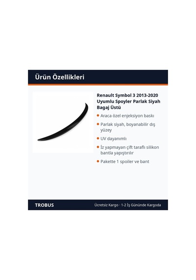 Trobus Renault Symbol 3 2013-2020 Uyumlu Spoyler Parlak Siyah Bagaj Üstü