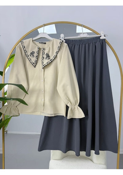 Lovie Moda Nakışlı Bebe Yaka Etekli Takım Bej