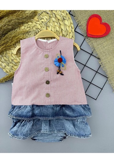 Pekminibebe 6-9-12-18 Ay Gül Rozet Detaylı Kot Kilotlu Etek Kız Bebek Elbisesi Gül Kurusu GÜL KURUSU