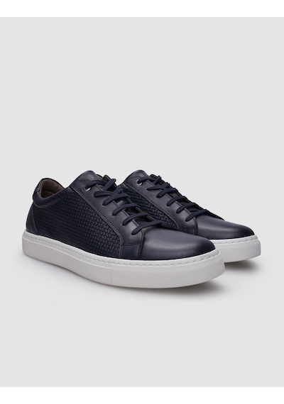 %100 Hakiki Deri Lacivert Bağcıklı Desenli Erkek Sneaker Lacivert
