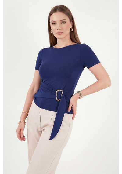 Lela Toka Detaylı Fitted Fit Kayık Yaka Bluz Bayan Bluz 5862707 Lacivert