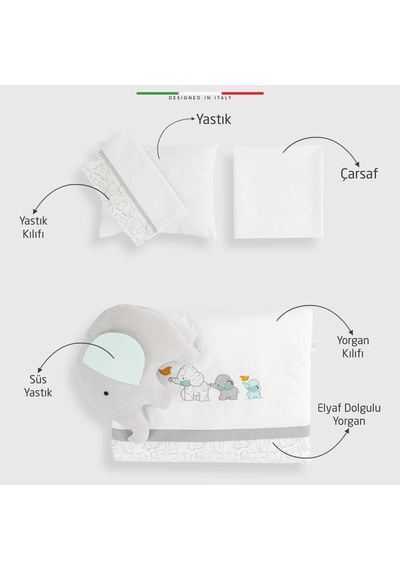 Elelelife Elephant 6 Parça Oyun Parkı Park Yatak Bebek Uyku Seti Beyaz