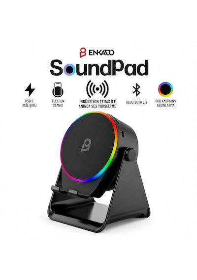 Soundpad 5ın1 - 5w - 2000mah Temas İle Ses Yükseltme - Telefon Stand - Usb-c Şarj Siyah İndiksiyon Ses Yükseltici Bluetooth Hoparlör Speaker Ekd-s10 5250