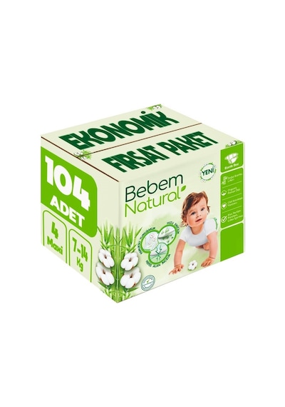 Bebem Bebek Bezi Natural Beden:4 7-14kg Maxi 104 Adet Ekonomik 4 Numara