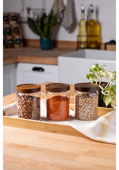 Finehome Pienza Akasya Kapaklı Cam Saklama Kabı Seti 3'Lü 550 ML Şeffaf