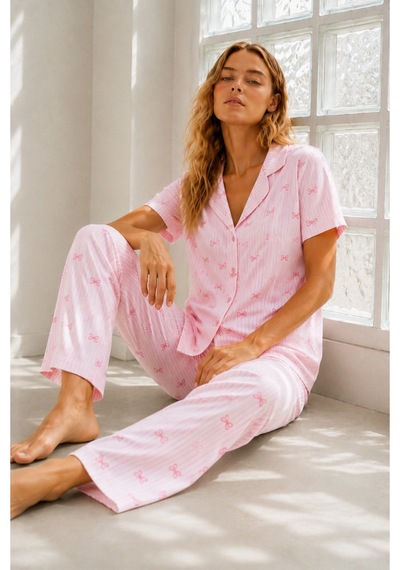 Kadın Genç Loose İpliği Boyalı Pembe Pijama Takımı