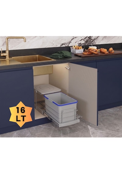 Cassone 16 Litre Kısa Eviye Altı Dolaba Uygun Dolap İçi Raylı Gri Çöp Kovası - Kapak Genişliği 40 Cm Açık Gri