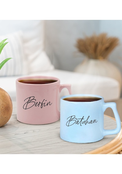 Bk Gift Kişiye Özel İsimli Pastel Pembe Ve Mavi 2li Middle Kupa Bardak Seti-6, Sevgiliye Hediye, Ev Hediyesi, Arkadaşa Hediye Kobitmeyencom30009 Bk Gi