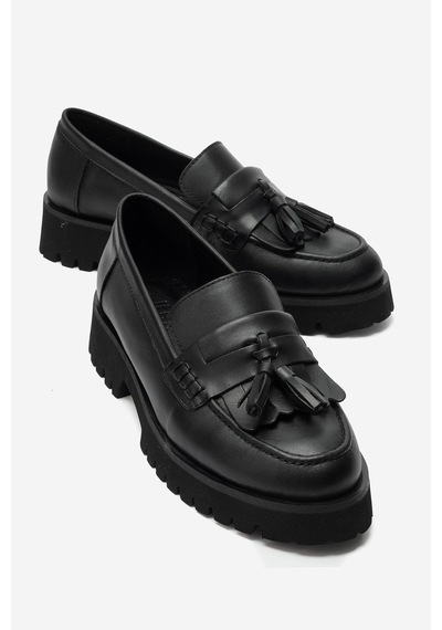 Luvi Shoes Poen Siyah Cilt Hakiki Deri Püsküllü Kadın Loafer Ayakkabı