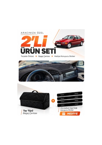 Bmw 3.20i E36 Aırbagsiz 1990-2000 Uyumlu Torpido Örtüsü + Tay Tüyü Bagaj Çantası Seti - Siyah