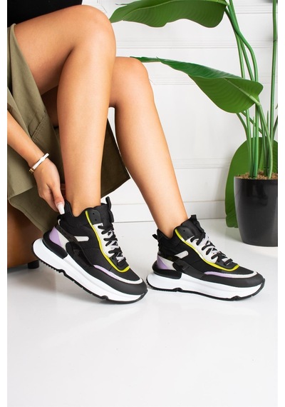 Shoetek Marion Kadın Sneakers Bağcıklı Spor Bot Siyah/sarı Deri Sarı