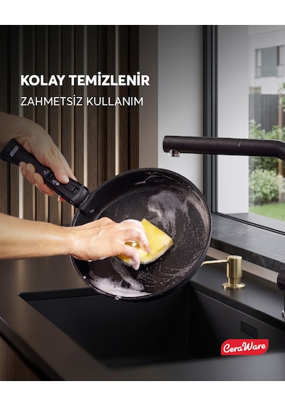 Ceraware Hona Made in Korea Seramik Yapışmaz Tencere Tava Seti 9 Parça Tak Çıkar Saplı İç İçe Geçebilen Set Siyah