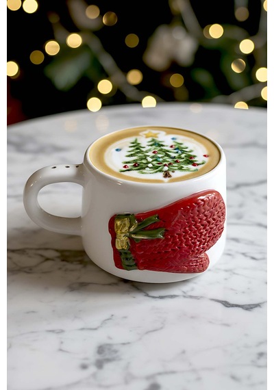 Rivaistanbul Eldiven Amore 24 K Altın Süslemeli El Yapımı Yılbaşı Hediyesi Seramik Double Kahve Fincanı, Mug, Kupa Beyaz